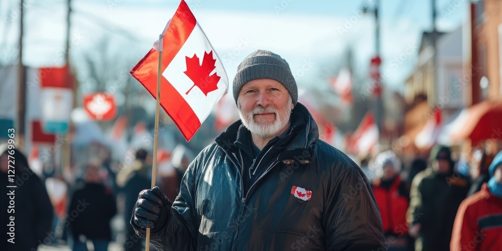 Obraz premium Wide-Angle Shot of a Man with a Canada Flag Amidst a National Celebration