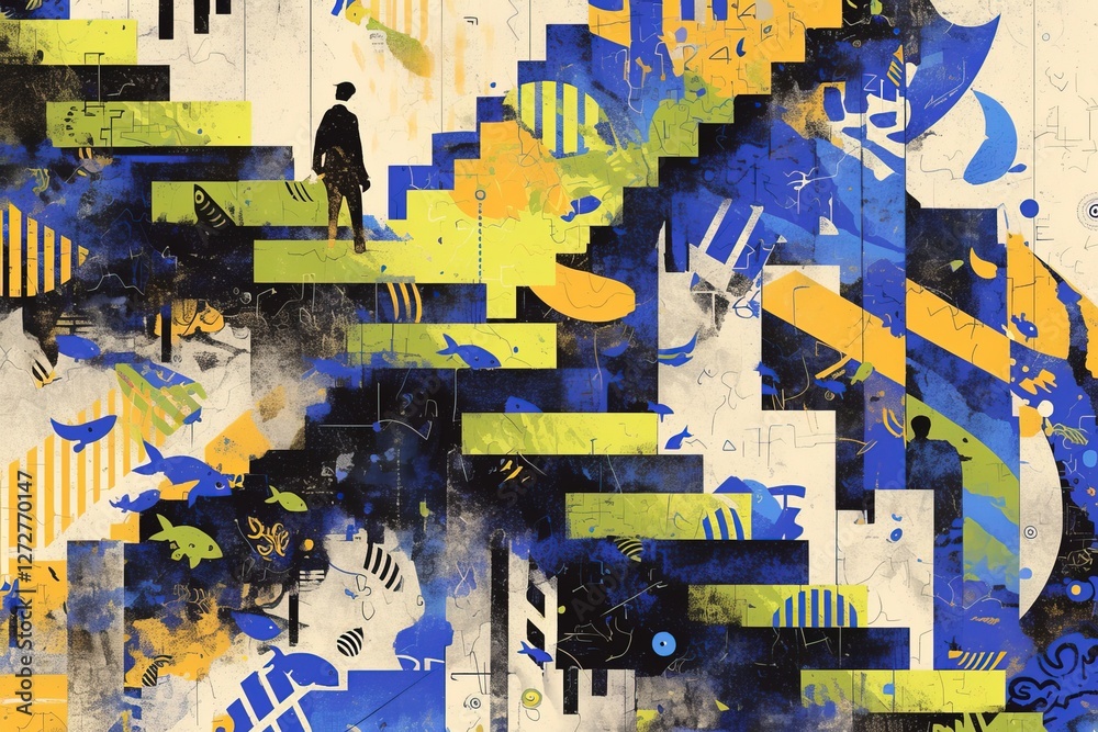 Fototapeta premium Abstract steps, person ascending, colorful background, creative design, background of steps, artistic exploration, inspiring concept