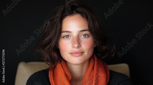 Woman, portrait, indoors, neutral background,  profile pic