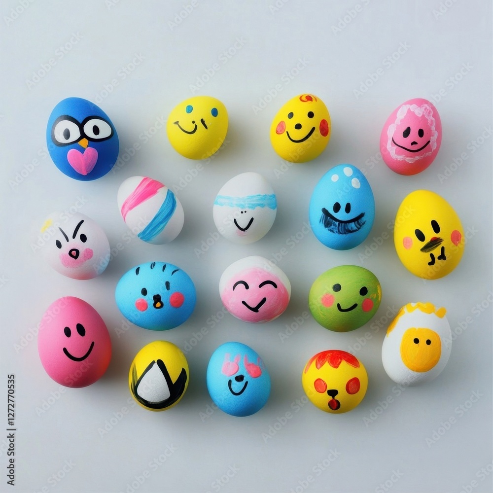 Cheerful HandPainted Eggs with Diverse Expressions Cheerful HandPainted Eggs with Diverse Expressions