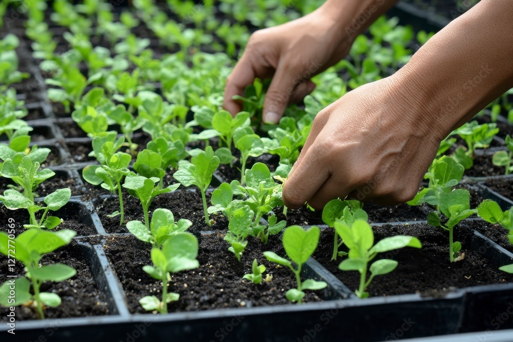 Hands Gently Tending to Young Plants in a Greenhouse Environment Hands Gently Tending to Young Plants in a Greenhouse Environment