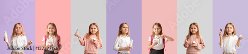 Set of little girl with tasty yogurt on color background photo