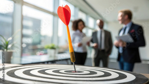 Strategic planning dashboard. Business Goal and Success. Close-up of a dart in the bullseye, symbolizing strategic planning and business success.