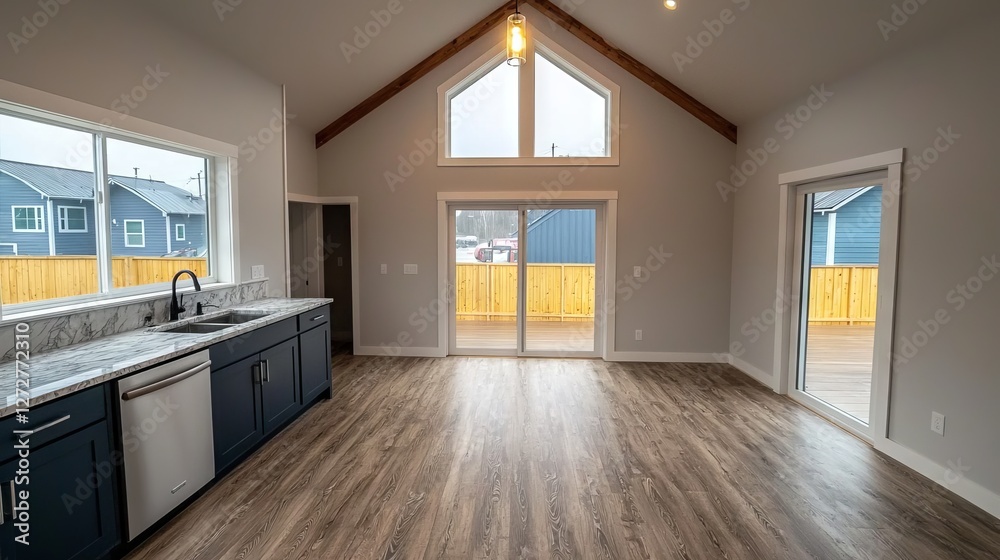 Obraz premium Modern open-concept living space with large windows and wooden accents