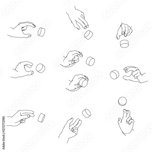 ダイアルを回す手のセット　白黒のベクターイラスト。