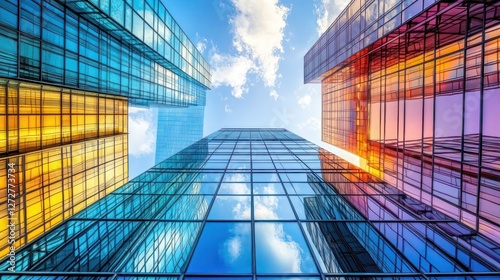 Colorful modern skyscrapers reflecting a vibrant sky.