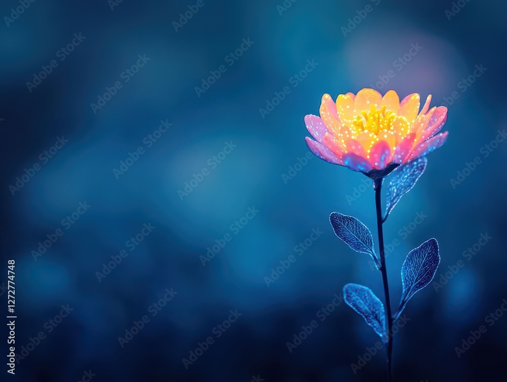 Fototapeta premium Radiant Orange Flower with Blue Stem and Leaves in a Dark Dreamy Night Backdrop