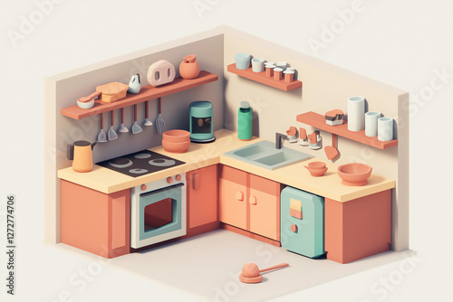 3D cozy kitchen interior with pastel cabinets, dining table, and home appliances.
A charming domestic diorama inspired by warm countryside living.

