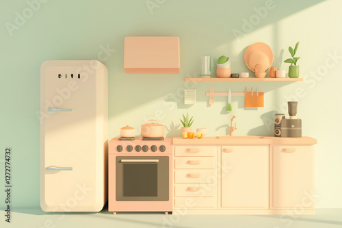 3D cozy kitchen interior with pastel cabinets, dining table, and home appliances.
A charming domestic diorama inspired by warm countryside living.
