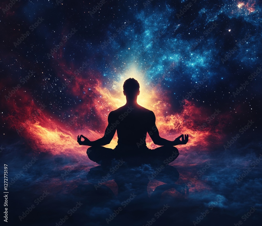 Meditative man silhouette with aura cosmic background, spiritual Meditative man silhouette with aura cosmic background, spiritual