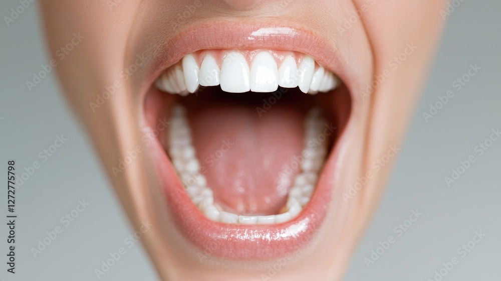 Obraz premium Woman's open mouth, bright smile, healthy teeth, close-up