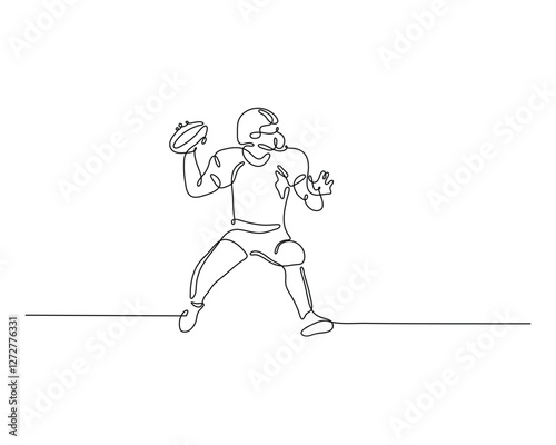 A minimalist continuous line drawing of an American football player in action, capturing the dynamic motion and athleticism as the player prepares to throw the football