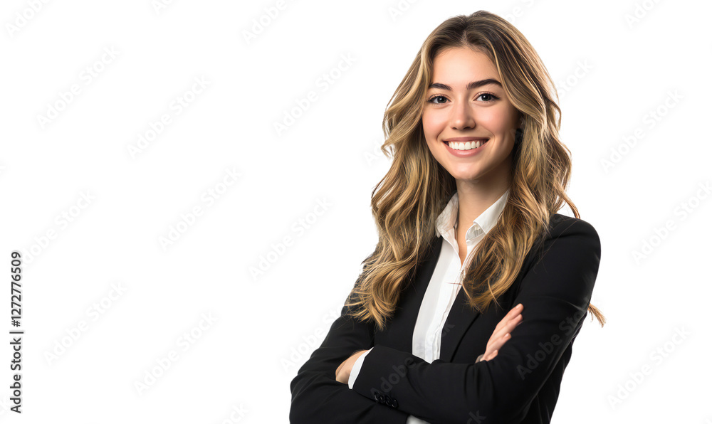 Confident young businesswoman with long wavy blonde hair in black blazer, isolated on white background Confident young businesswoman with long wavy blonde hair in black blazer, isolated on white background