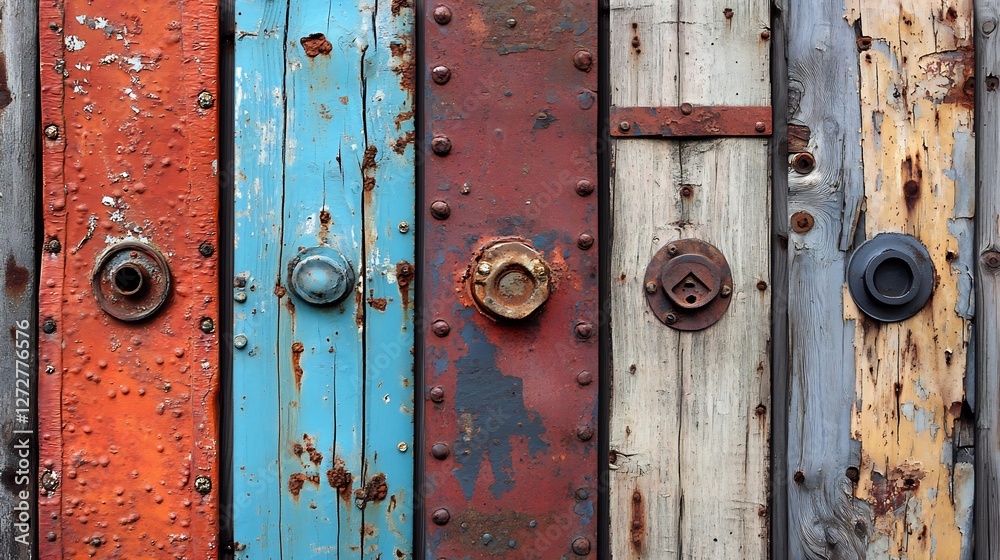 Rustic weathered wood planks display vibrant paint hues subtly lit. AI Generated Rustic weathered wood planks display vibrant paint hues subtly lit. AI Generated