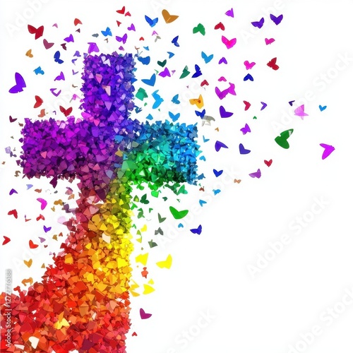 Rainbow Cross Formed by Butterflies Taking Flight