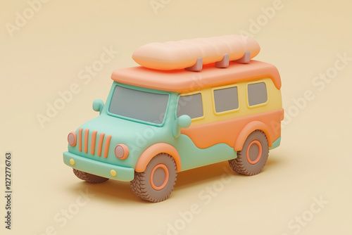 3D illustration of an off-road car with luggage on top driving through a savanna scene. Pastel-style 3D featuring a travel adventure safari concept with trees and desert plants.
