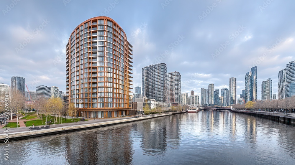 Modern apartment building by a canal, cityscape view. Modern apartment building by a canal, cityscape view.