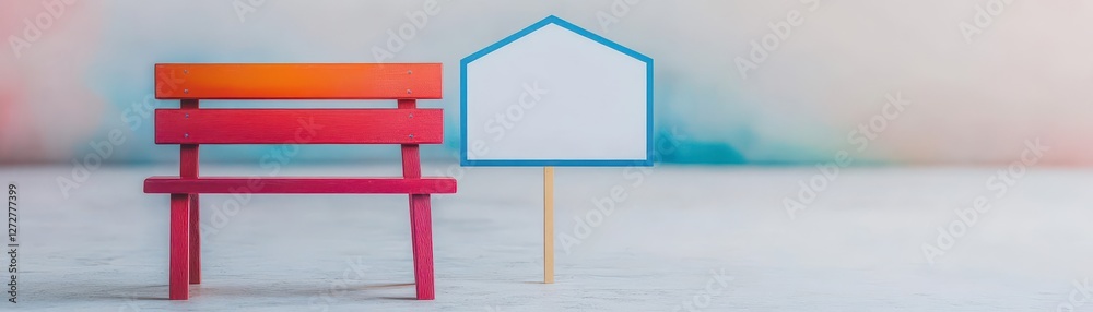 Fototapeta premium Vibrant Wooden Bench Beside House Shaped Blank Sign on White Wood Surface Indoors