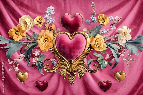 Baroque Women's Day design with baroque hearts and lavish baroque florals on a grand pink velvet.