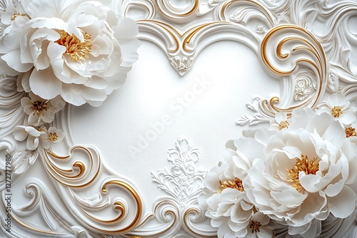 Baroque Women's Day design with baroque heart swirls and baroque white peonies on a lavish white backdrop.