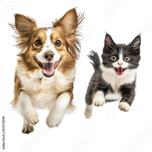 Happy dog and playful kitten running together, isolated on transparent background photo