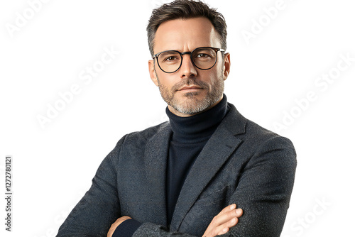 Confident middle-aged businessman wearing glasses and a turtleneck, isolated on transparent background photo