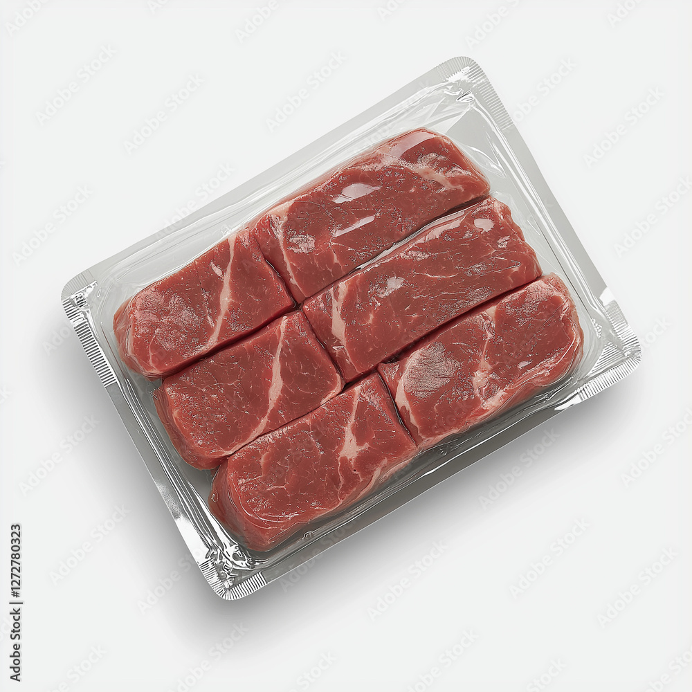 Six Raw Beef Steaks in Vacuum Packaging Six Raw Beef Steaks in Vacuum Packaging
