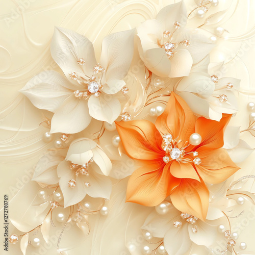 A beautiful flower arrangement with white and orange flowers and pearls