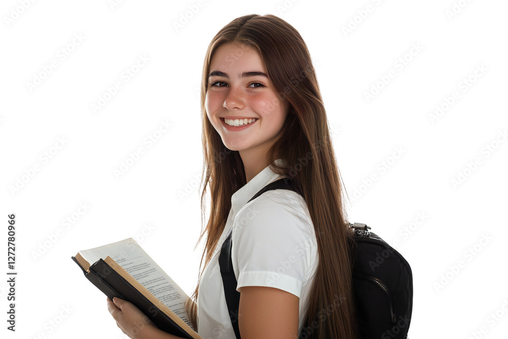 Smiling young female student holding a book, isolated on transparent background Smiling young female student holding a book, isolated on transparent background