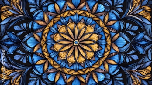 Captivating Kaleidoscopic Mandala with Vibrant Blue and Gold Hues