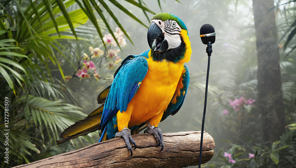 Obraz premium birds singing using microphones in the middle of the forest