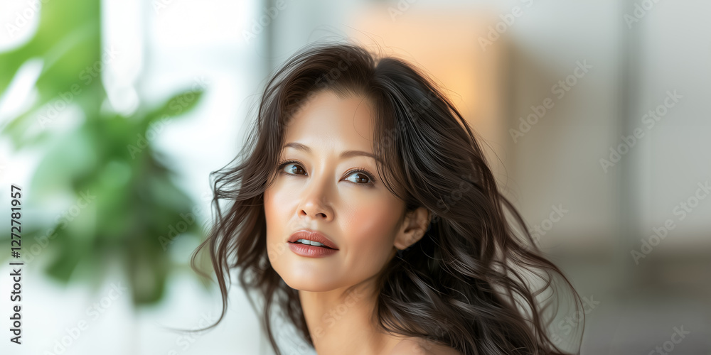 A portrait of a thoughtful woman with flowing hair, conveying elegance and serenity. A portrait of a thoughtful woman with flowing hair, conveying elegance and serenity.