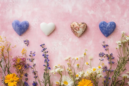 Bohemian Women's Day design with boho hearts and eclectic wildflowers on a bohemian pink canvas.