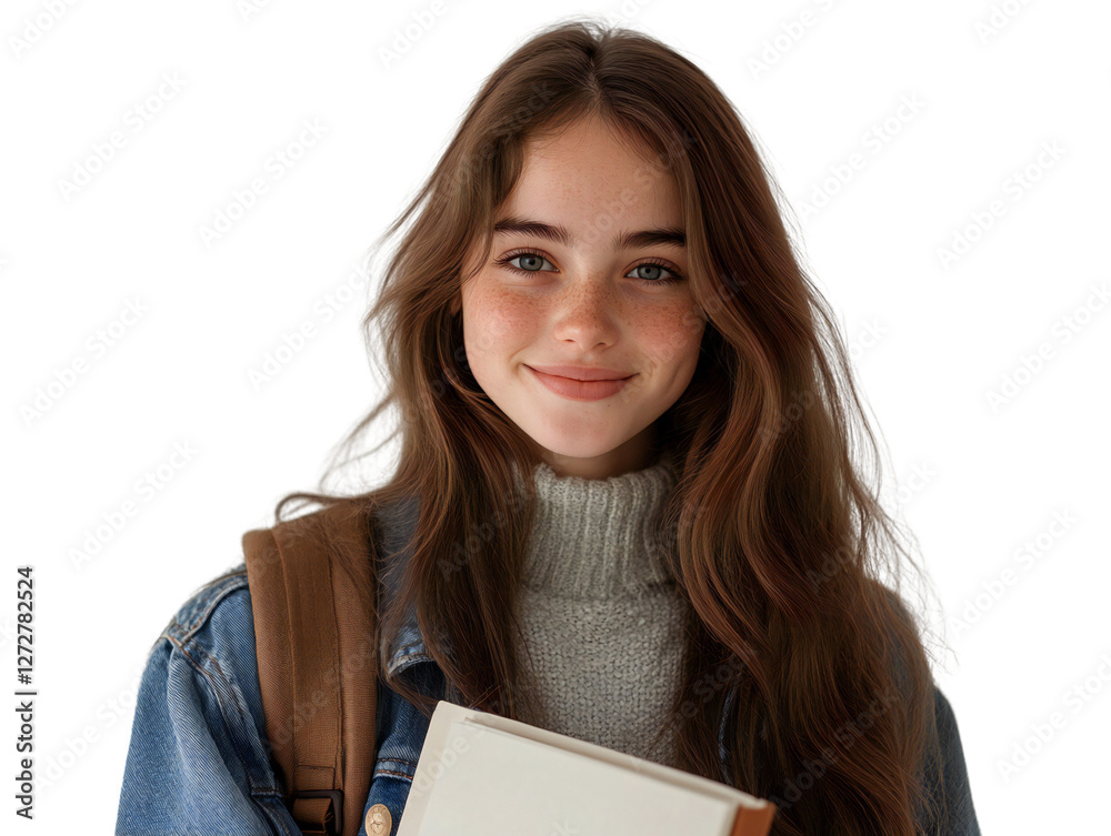 Smiling young female student holding a book, isolated on transparent background Smiling young female student holding a book, isolated on transparent background