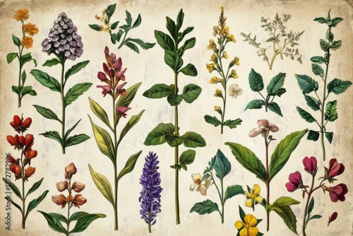 Vintage Botanical Illustration of Various Flowering Plants and Herbs