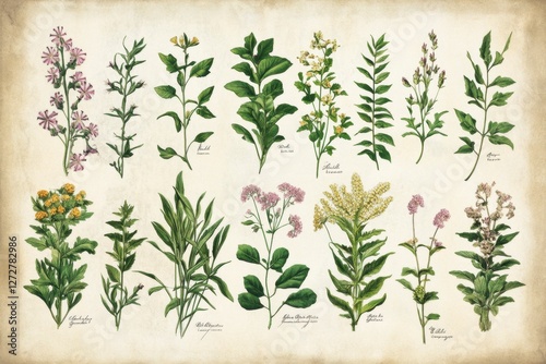 Beautiful collection of floral botanical illustrations on vintage paper