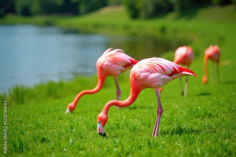 Fototapeta premium Pink flamingos grazing on green grass near Albufera, mallorca, albufera