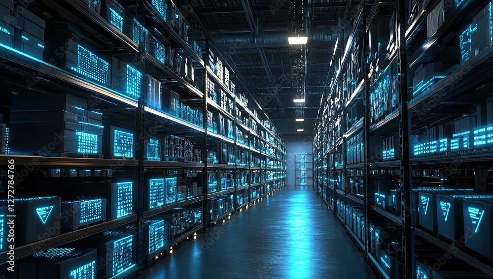 Fototapeta premium Exploring Futuristic Warehouse: Automated Storage System with Illuminated Inventory, Enhancing Logistics Efficiency.