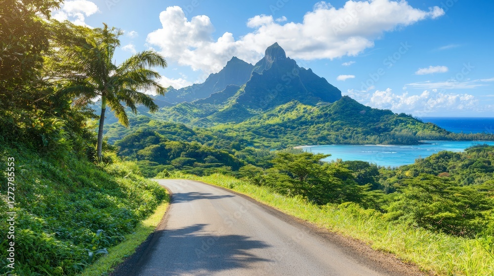 Scenic view of a winding road leading to lush mountains and a serene bay Scenic view of a winding road leading to lush mountains and a serene bay