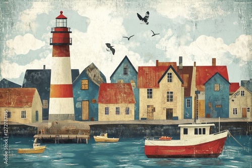 Charming Coastal Scene with Vintage Lighthouse and Colorful Houses