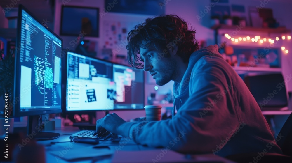 A programmer focusing intensely on debugging in a tech workspace. Featuring bright error messages on monitors