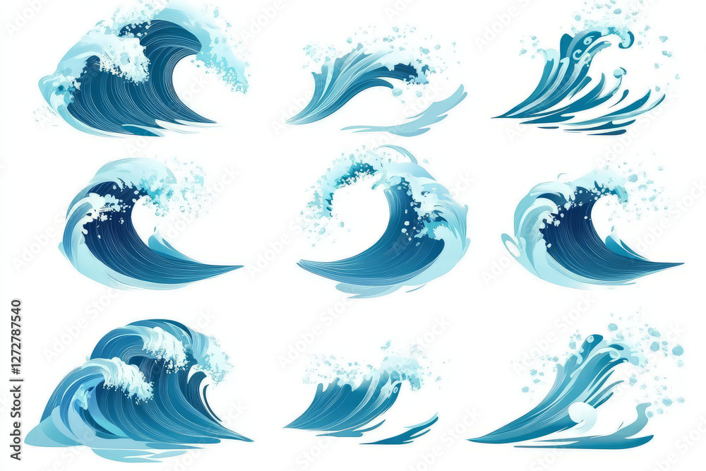 Waves in various styles and shapes, showcasing dynamic movement and energy. Perfect for ocean themed designs and illustrations Waves in various styles and shapes, showcasing dynamic movement and energy. Perfect for ocean themed designs and illustrations