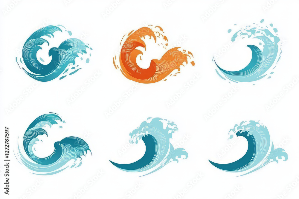 Stylized waves in various colors and shapes, showcasing dynamic movement and energy Stylized waves in various colors and shapes, showcasing dynamic movement and energy