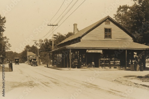 Vintage Country Gas Station with Classic Cars and Historic Architecture