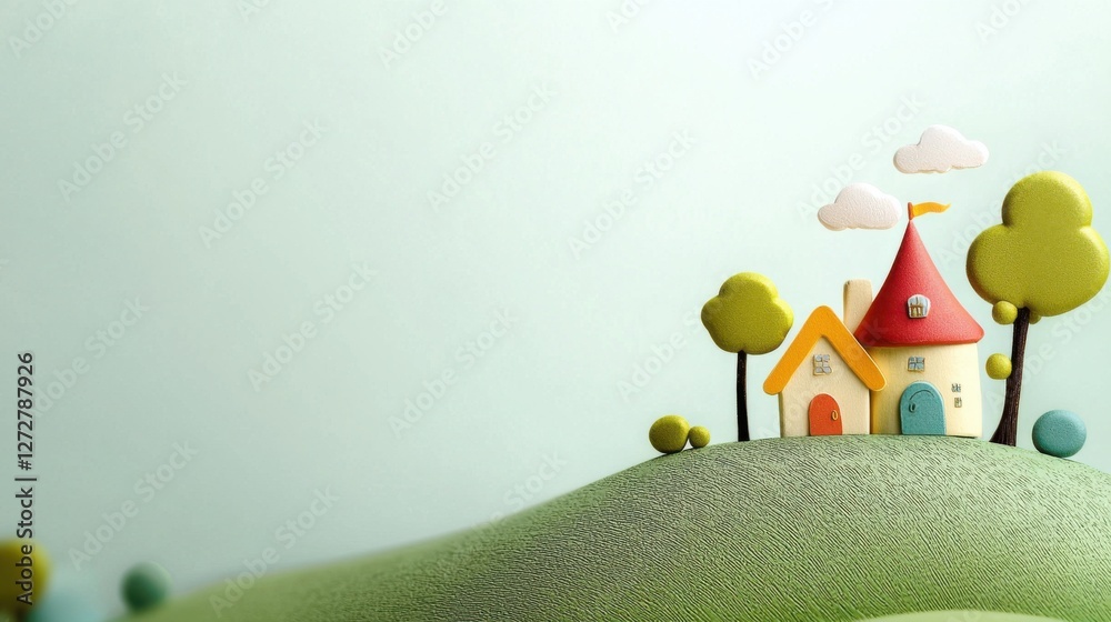 Naklejka premium Whimsical Miniature Cottage Nestled in a Vibrant Landscape of Hills and Trees