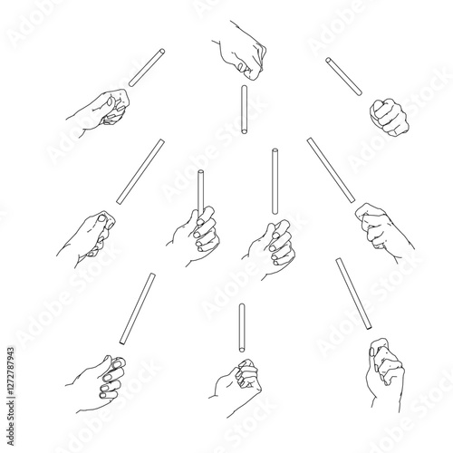 細い棒を持つ手のセット　白黒のベクターイラスト。