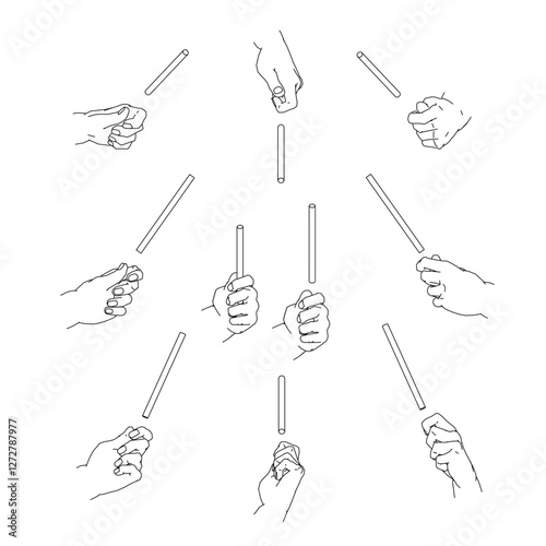 細い棒を持つ手のセット　白黒のベクターイラスト。