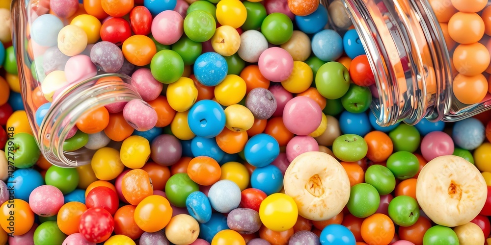 Fototapeta premium Colorful bean confectionery in a clear bottle, filled to the brim with a mix of vibrant, bite-sized treats, sugary goodness, snack, treats