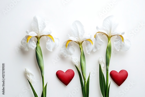Bold Women's Day design with bold heart graphics and bold white iris flowers on a striking white backdrop.