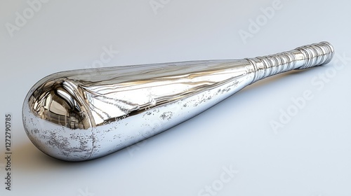 Metallic baseball bat resting on a smooth surface, reflecting light, with a minimalist background